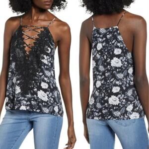 NEW Wayf Posie Strappy Camisole Black Ivory Floral Lace Strappy Cutout Tank Top